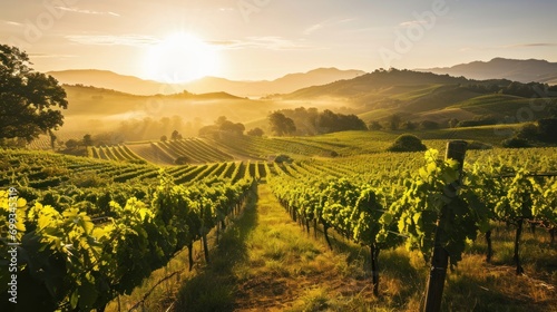 A scenic vineyard at sunrise with rolling hills and grape vines