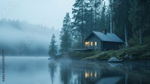 A serene lakeside cabin at dawn with a misty landscape