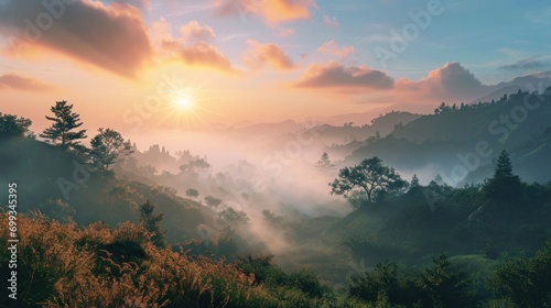 A serene sunrise over a misty mountain landscape