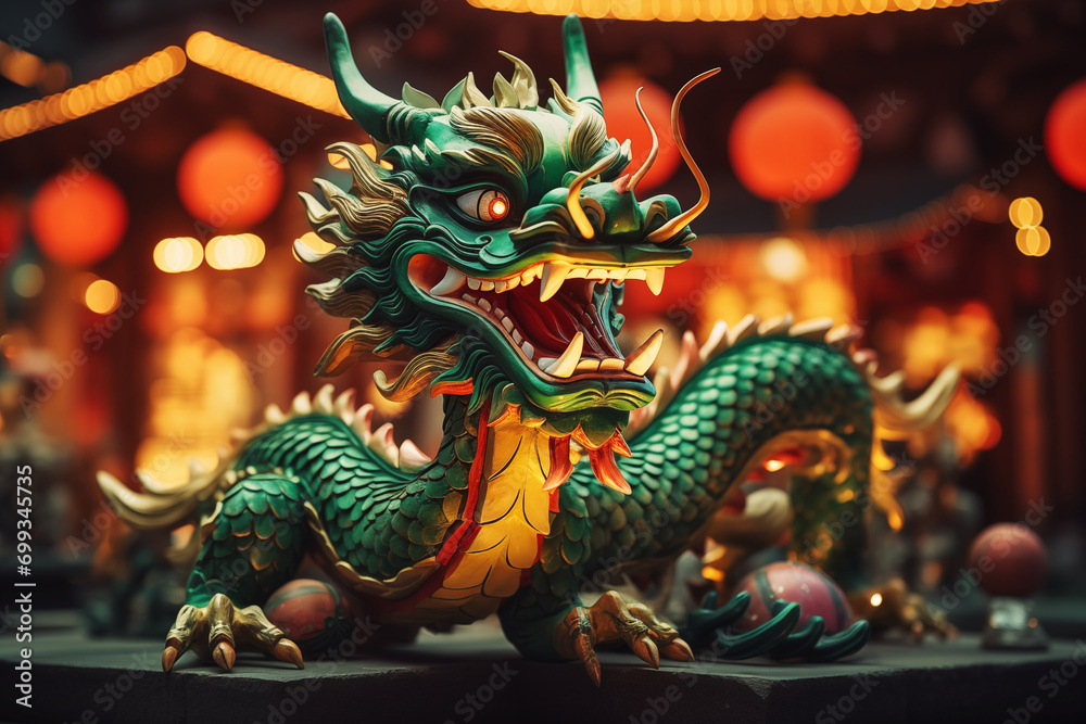 Vibrant Dragon Sculpture Amidst Lantern Lights Vibrant Dragon Sculpture Amidst Lantern Lights