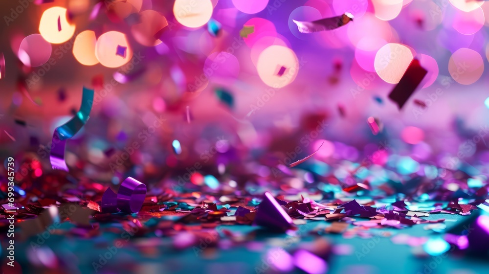 Colorful background with neon confetti. Confetti flies in the air on a bright background. Dynamic image conveys the energy and excitement of the festive celebration