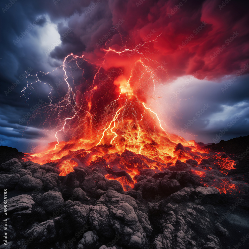 Volcanic Eruption Illuminating a Stormy Sky