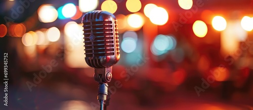 Retro microphone in nightclub concert, close-up view.