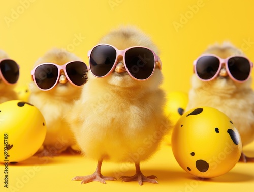 Cheerful little yellow chicks in black sunglasses with colorfully decorated Easter eggs on a yellow background, Easter concept.