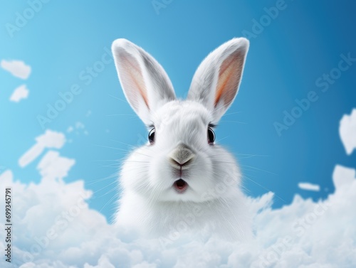 White Easter fluffy eared bunny over white foam against a blue wall, stunned rabbit, Easter concept, copy space. © JMDuran Photography