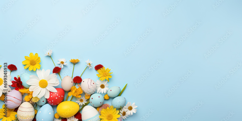 Lots of flowers and colorful Easter eggs on a light blue background with copy space Lots of flowers and colorful Easter eggs on a light blue background with copy space