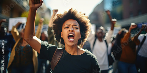 Black woman marching in protest with a group of people. Group of people activists protesting on streets, BLM demonstration concept photo