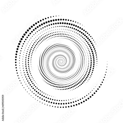 Dotted spiral lines element. Radial spinning halftone form. Circle swirl dots shape. Abstract geometric wheel for poster, banner, logo, icon, collage, presentation, booklet. Vector optical art