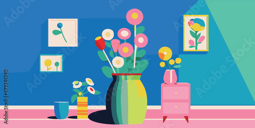 
A set of laid out flowers. Drawing, colorful flowers. interior painting. flat design. Hand drawn illustration. Each flower is blooming. Vector flower.