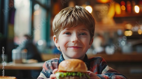 A cute and happy 7-year-old cafe boy. Happy boy eating a burger with a cheerful expression on his face
