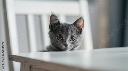 A gray short-haired kitten with a frightened expression is peeking out from behind the white table