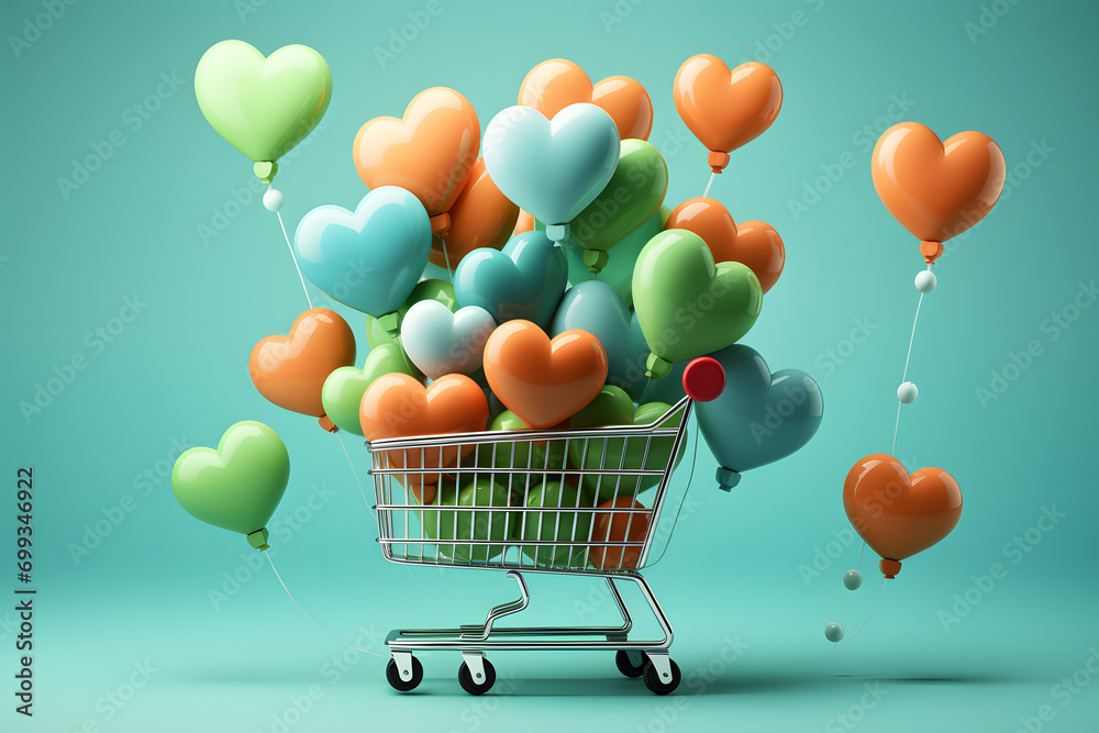 Shopping cart background with heart shaped balloons. E-commerce. St. Patrick's Day and Valentine's concept. Romantic background.