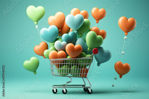 Obraz na płótnie Shopping cart background with heart shaped balloons. E-commerce. St. Patrick's Day and Valentine's concept. Romantic background. w salonie