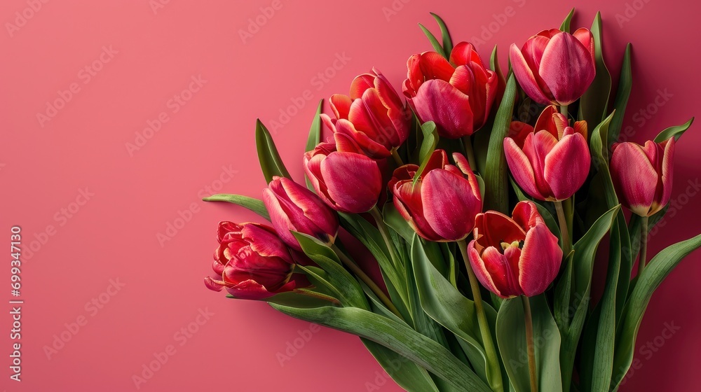 Obraz premium Mother's Day greeting card concept, top view of bouquet of tulips on isolated solid color background with copyspace