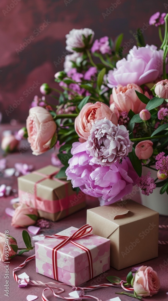 Mother's Day greeting card, professional photo of beautiful flowers bouquet and small gift boxes on festive background with copyspace Mother's Day greeting card, professional photo of beautiful flowers bouquet and small gift boxes on festive background with copyspace