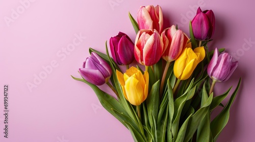 Mother's Day greeting card concept, top view of bouquet of tulips on isolated solid color background with copyspace