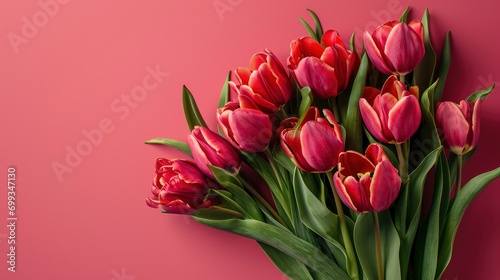 Mother s Day greeting card concept  top view of bouquet of tulips on isolated solid color background with copyspace