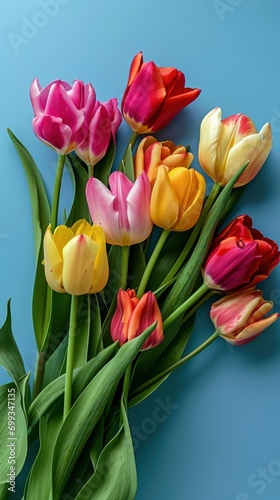 Mother's Day greeting card concept, top view of bouquet of tulips on isolated solid color background with copyspace