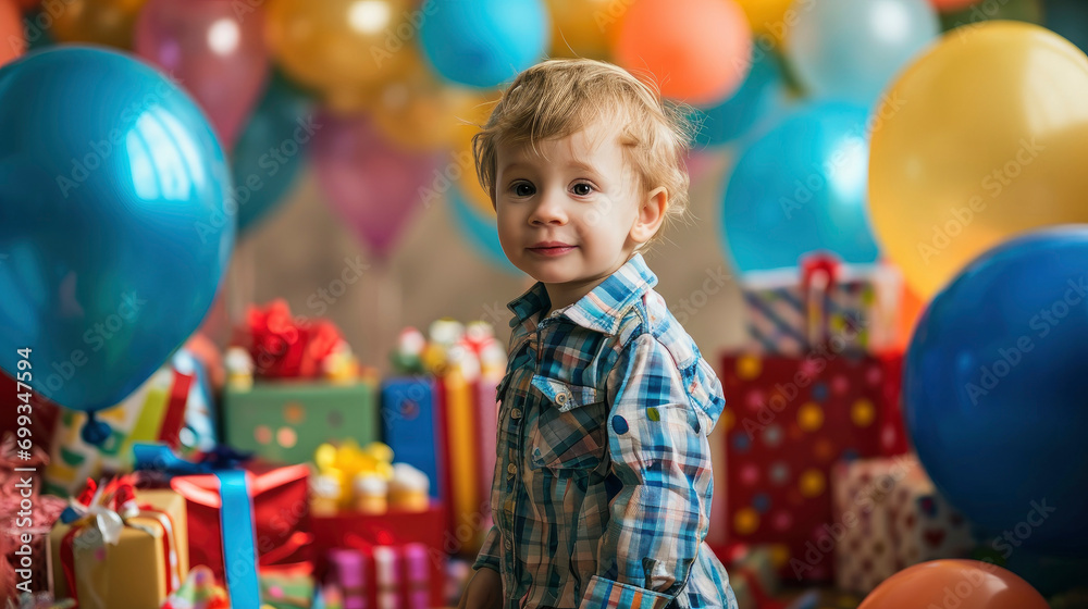 Obraz premium Professional photo of best ever birthday party with lots of presents and balloons for a cute little boy
