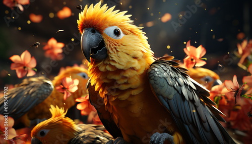 Cute macaw perching on branch, vibrant feathers in tropical forest generated by AI