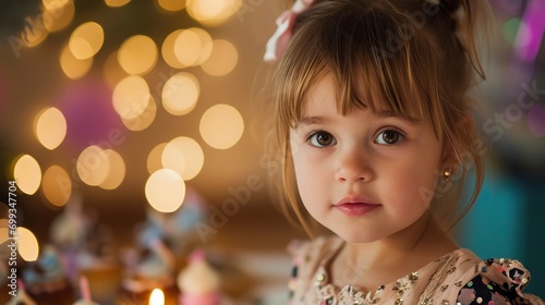 Professional close up portrait photo of pretty little girl best ever birthday party