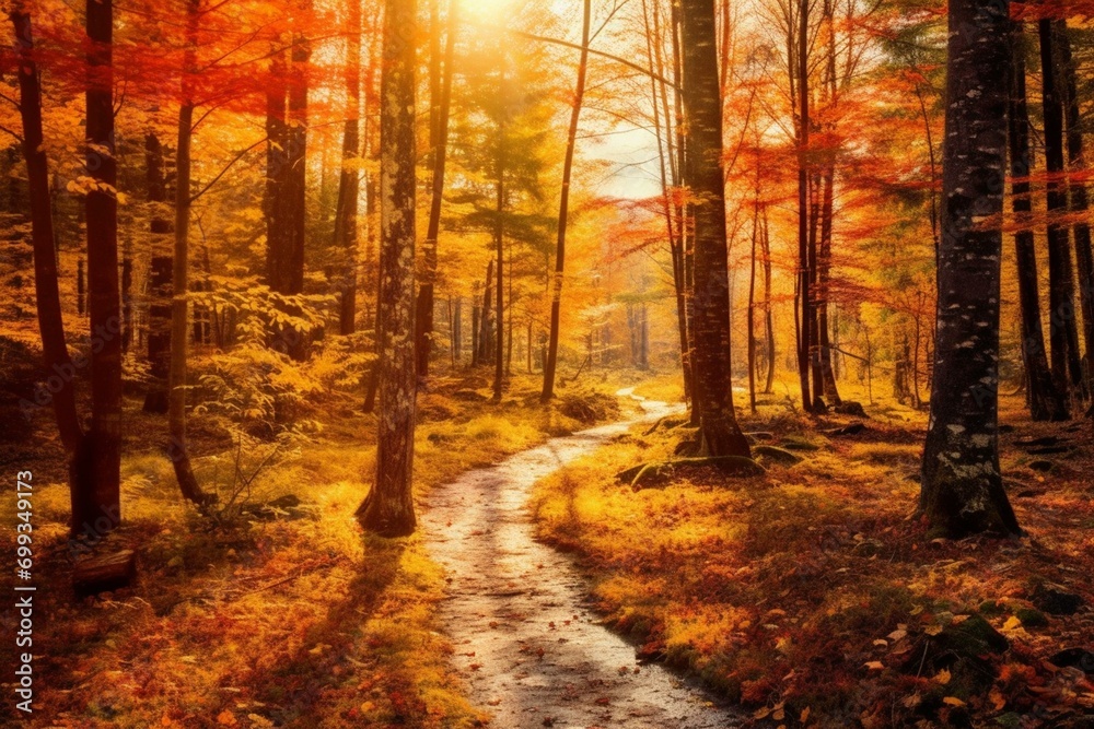 Scenic fall scenery with sunny forest, vibrant trees in the woods. Generative AI