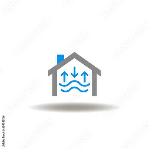 Vector illustration of house with waves and arrows up down. Symbol of smart home air high comfort technology. Icon of HVAC Heating Ventilation Air Conditioning.
