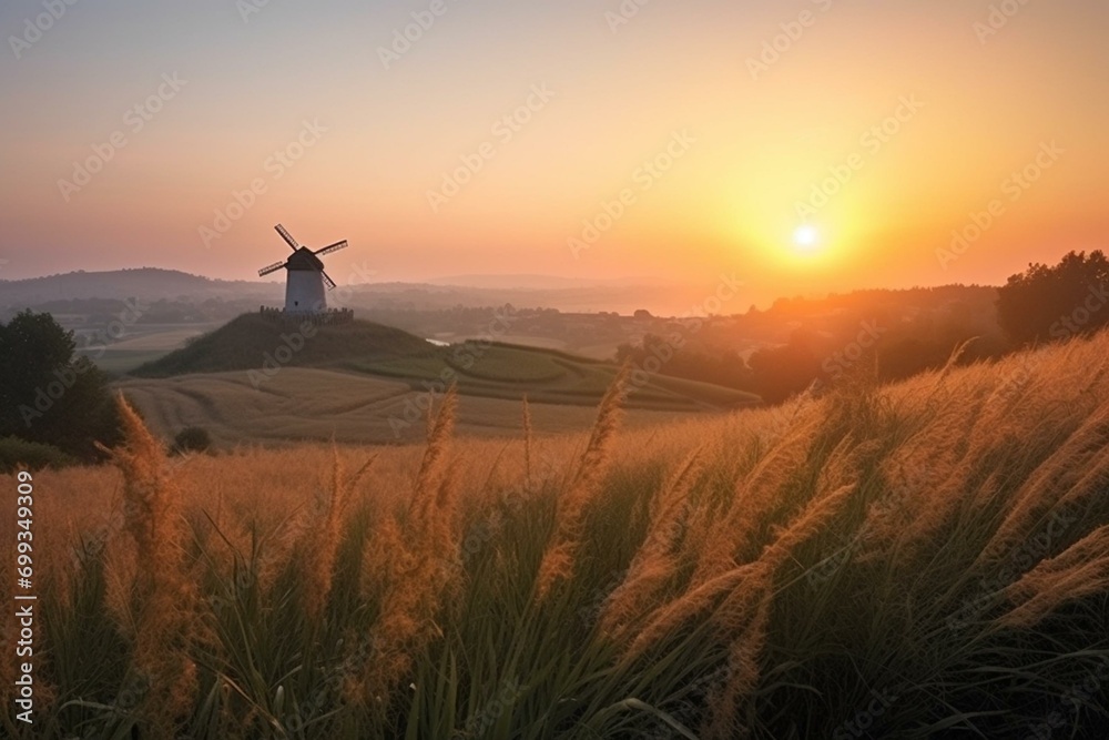 Scenic sunrise countryside, oat fields, windmill, hilltop village. Generative AI