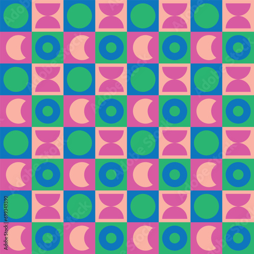Fun Graphic Seamless Repeat Geometric Grid Pattern Bright Bold Colorful Simple Circles Moon