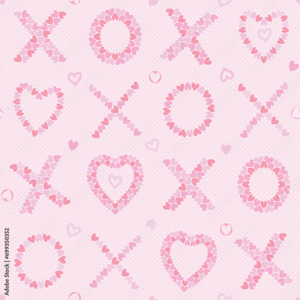 Thousands of cute pink to red hearts, circles, xoxo for Valentine's Day. Vector illustration. Surface pattern design, perfect for textiles, wallpaper, office supplies, packaging design, home and