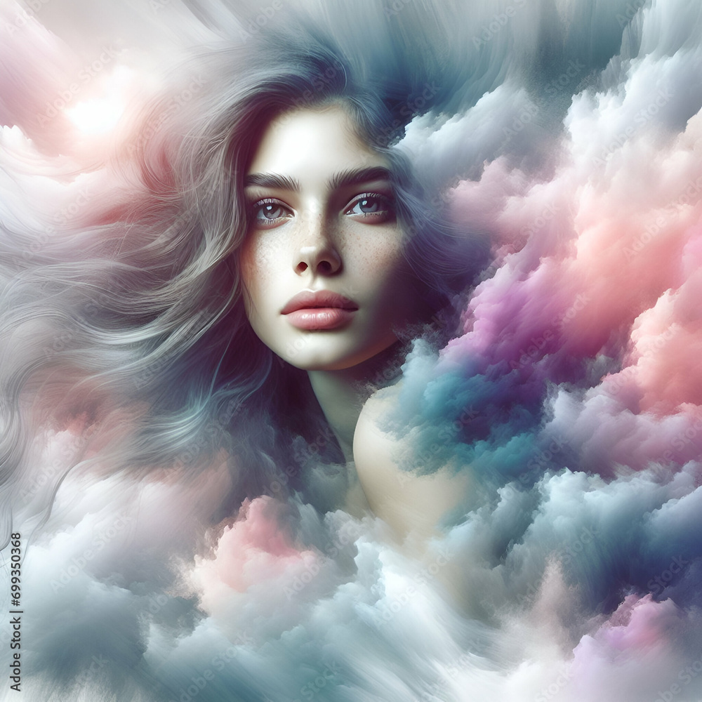 Portrait of Young Woman Standing Heads in the Surrounded by Fluffy Cottony Colorful Red, White, and Blue Nature Clouds in the Sky on a Dreamy Scene. Tranquility, Meditation Peace, & Relaxation Concept