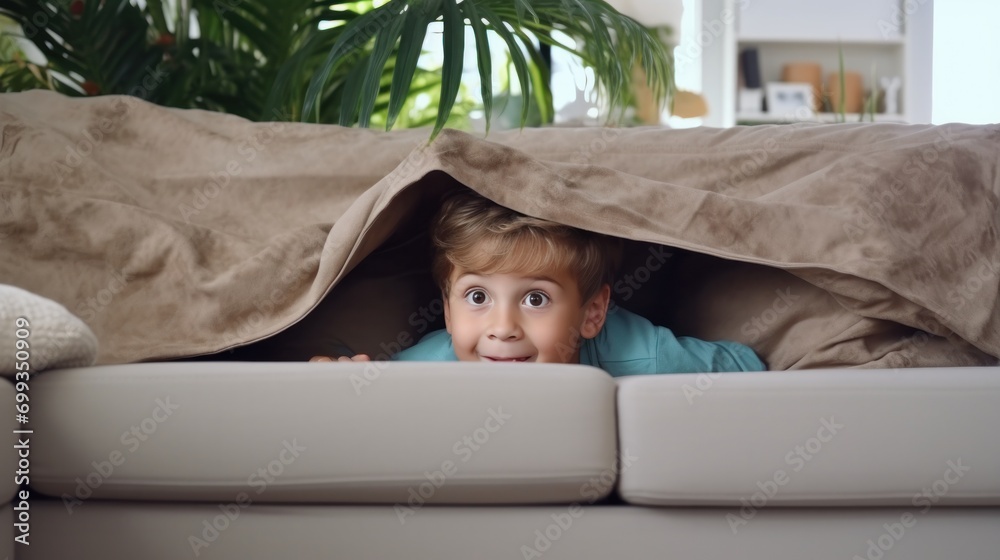 little asian children kid playing hide and seek standing behind the
