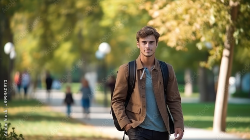 Handsome student man with backpack and books outdoor. Smile boy happy carrying a lot of book in college campus. Portrait male on international University. Education, study, school Handsome student man with backpack and books outdoor. Smile boy happy carrying a lot of book in college campus. Portrait male on international University. Education, study, school