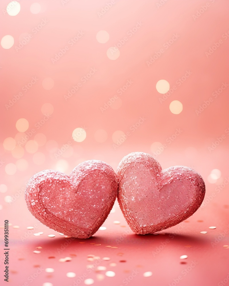 Two Soft Pink Hearts With Lace On red Glitter Background With Sparkles, copy space - generative ai