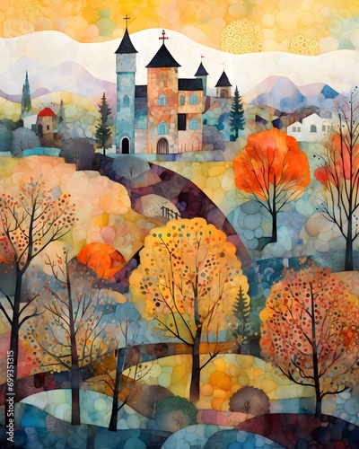 Landscape, watercolor painting. Mosaic painting patchwork,..forest landscape,