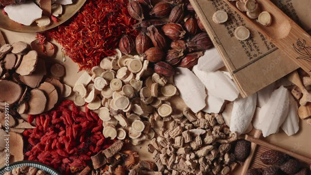 Ancient Chinese medicine and different herbal ingredients on table.