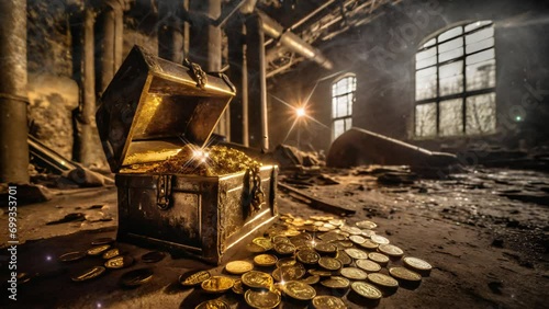 Open treasure chest with gold , animation 4k photo