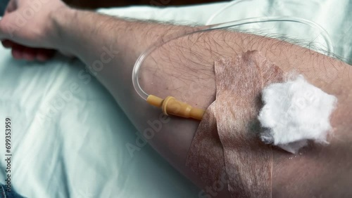 POV of a man's arm with an IV needle in the median cubital vein. Man is receiving intravenous fluid. Intravenous injections, medical care in a clinic. Recovering patient in a hospital photo
