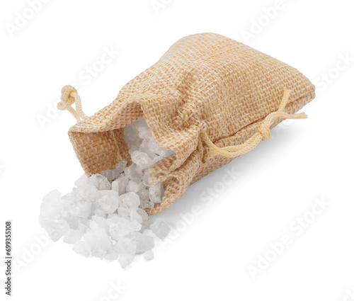 Burlap bag with sea salt isolated on white