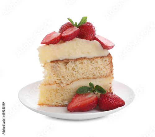 Piece of tasty cake with fresh strawberries and mint isolated on white