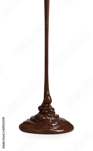 Pouring tasty melted milk chocolate isolated on white