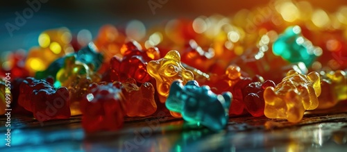 Brightly lit gummy bear candies in shallow focus.