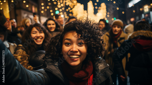 A group of young people of various nationalities take to the streets to celebrate. In the foreground a beautiful girl with curly hair. Fireworks lights in the background. AI Generative.