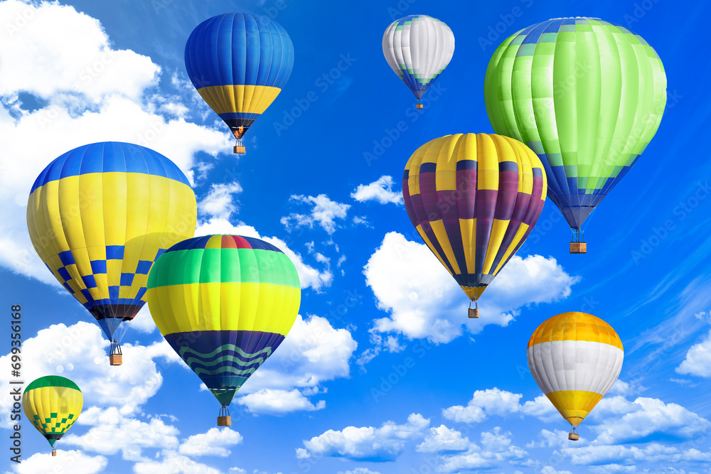 Fototapeta premium Many bright hot air balloons flying in sky