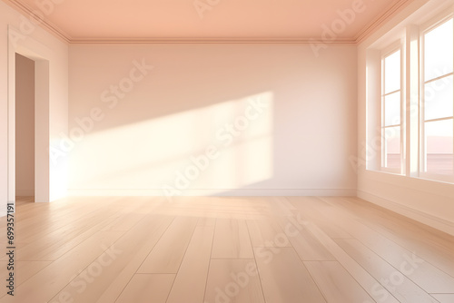 empty white room with wooden floor with light from window shining on it © SkoldPanda