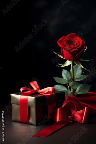 photo of gift box and red rose  Valentine s Day theme  dark background  copy space - generative ai