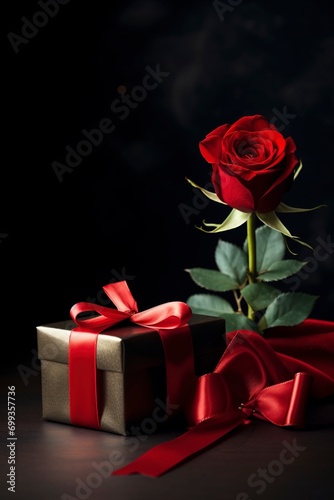 photo of gift box and red rose, Valentine's Day theme, dark background, copy space - generative ai