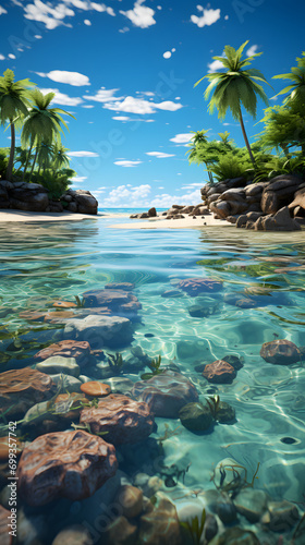 tropical paradise island with reef and water