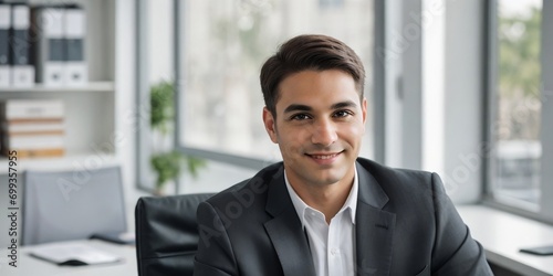 Portrait of a businessman sitting in an office confidently smiling and looking at the camera. Positive work environment concept with copy space.