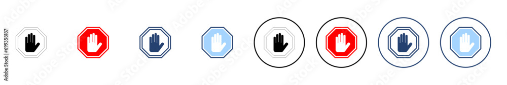 Obraz premium Stop icon vector. stop road sign. hand stop sign and symbol. Do not enter stop red sign with hand